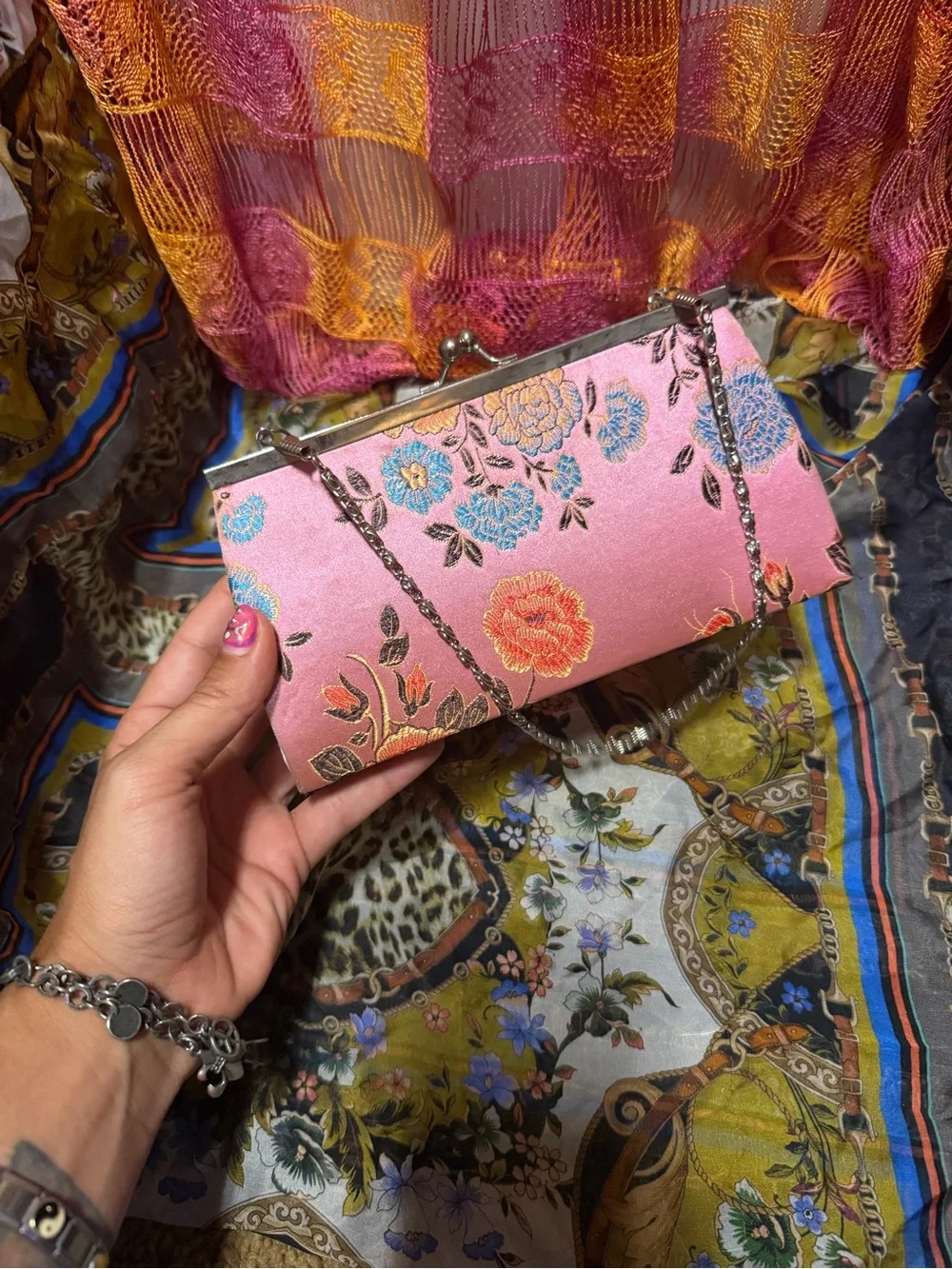 Pink Floral Satin Clutch Bag with Chain Strap